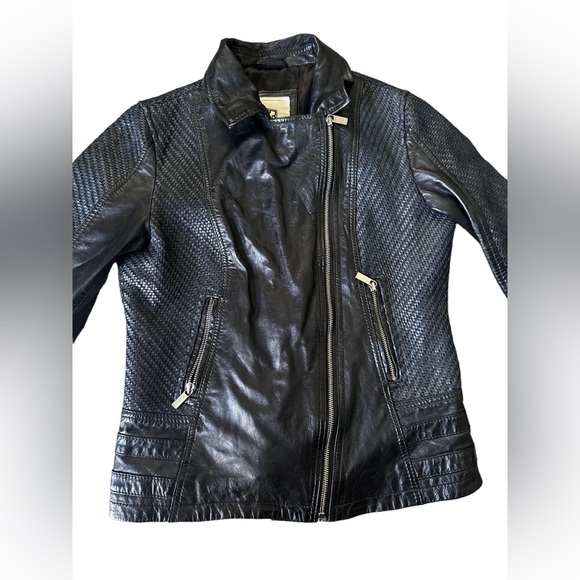 D73 Black Leather Biker Jacket Woven Leather Women’s Size M - Picture 2 of 15